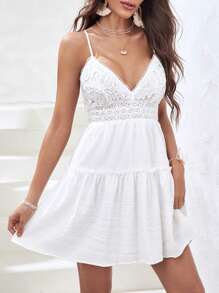 Soleia 水溶蕾絲拼接後背繫帶荷葉邊吊帶連衣裙 - 白色 - 查看 2