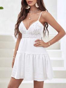 Soleia 水溶蕾絲拼接後背繫帶荷葉邊吊帶連衣裙 - 白色 - 查看 3