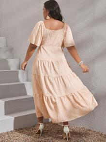 SHEIN VCAY 大碼碎花前抽繩荷葉邊洋裝 - 杏色 - 查看 2