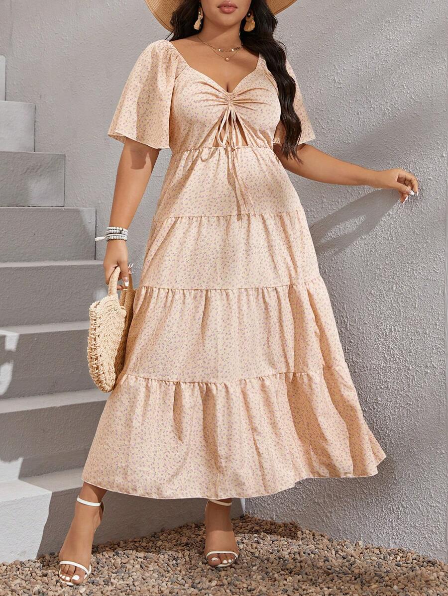SHEIN VCAY 大碼碎花前抽繩荷葉邊洋裝 - 杏色 - 查看 1