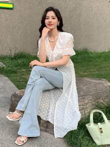 DAZY Solid Ruffle Trim Flounce Sleeve Blouse - White - View 2