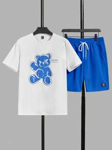 Manfinity RebelGame Men Bear & Letter Graphic Tee & Drawstring Waist Shorts - Royal Blue - View 1