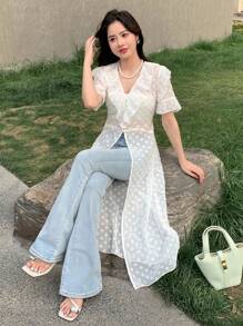 DAZY Solid Ruffle Trim Flounce Sleeve Blouse - White - View 4