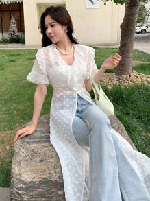 DAZY Solid Ruffle Trim Flounce Sleeve Blouse - White - View 5