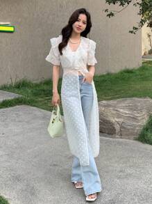 DAZY Solid Ruffle Trim Flounce Sleeve Blouse - White - View 1