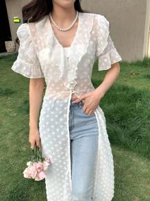 DAZY Solid Ruffle Trim Flounce Sleeve Blouse - White - View 6