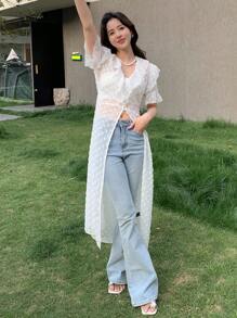 DAZY Solid Ruffle Trim Flounce Sleeve Blouse - White - View 7