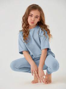 SHEIN Tween Girl Drop Shoulder Tee & Leggings Set - Dusty Blue - View 1