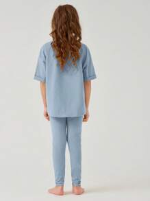 SHEIN Tween Girl Drop Shoulder Tee & Leggings Set - Dusty Blue - View 2