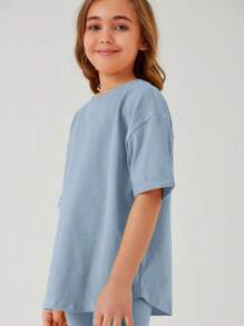 SHEIN Tween Girl Drop Shoulder Tee & Leggings Set - Dusty Blue - View 3