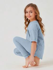 SHEIN Tween Girl Drop Shoulder Tee & Leggings Set - Dusty Blue - View 5