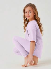 SHEIN Leap Crew Tween Girl Drop Shoulder Tee & Leggings - Lilac Purple - View 3