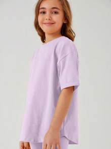 SHEIN Leap Crew Tween Girl Drop Shoulder Tee & Leggings - Lilac Purple - View 5