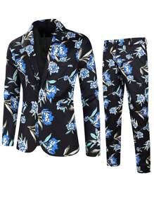 Men Floral Print Single Button Blazer & Suit Trousers - Black - View 1