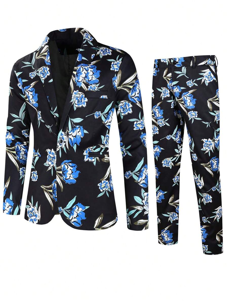 Men Floral Print Single Button Blazer & Suit Trousers - Black - View 1