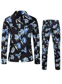 Men Floral Print Single Button Blazer & Suit Trousers - Black - View 2