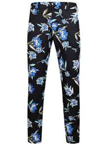 Men Floral Print Single Button Blazer & Suit Trousers - Black - View 6