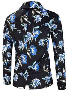 Men Floral Print Single Button Blazer & Suit Trousers - Black - View 7