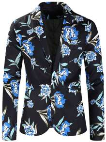Men Floral Print Single Button Blazer & Suit Trousers - Black - View 8