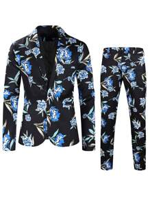 Men Floral Print Single Button Blazer & Suit Trousers - Black - View 9