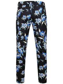 Men Floral Print Single Button Blazer & Suit Trousers - Black - View 10