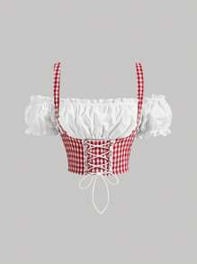SHEIN MOD Gingham Print Lace Up Front Cold Shoulder Frill Trim Crop Milkmaid Top - Red - View 1
