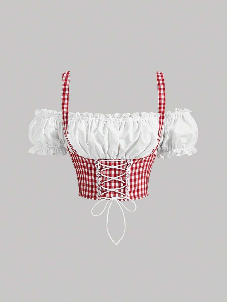 SHEIN MOD Gingham Print Lace Up Front Cold Shoulder Frill Trim Crop Milkmaid Top - Red - View 1