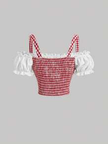 SHEIN MOD Gingham Print Lace Up Front Cold Shoulder Frill Trim Crop Milkmaid Top - Red - View 2