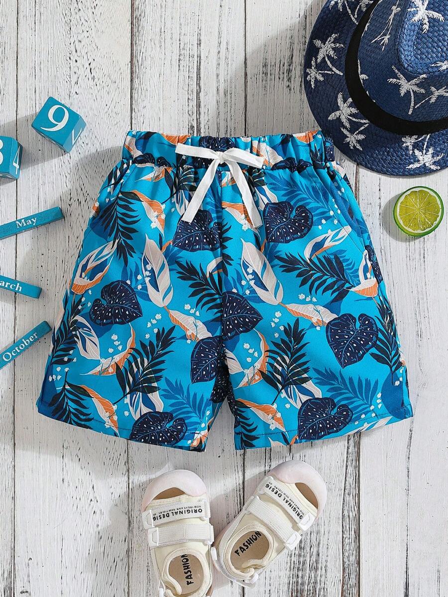 Quần short bé trai Thắt nút Túi Nhiệt đới Tất cả trên in Boho - Màu xanh lam - Xem 1