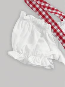 SHEIN MOD Gingham Print Lace Up Front Cold Shoulder Frill Trim Crop Milkmaid Top - Red - View 3