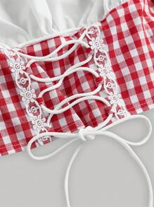 SHEIN MOD Gingham Print Lace Up Front Cold Shoulder Frill Trim Crop Milkmaid Top - Red - View 4