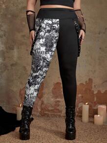 ROMWE Goth Plus Skeleton Print Leggings - Black and White - View 3