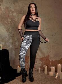 ROMWE Goth Plus Skeleton Print Leggings - Black and White - View 5