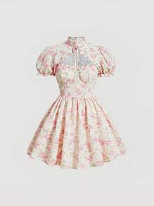 SHEIN MOD Floral Print Tie Neck Puff Sleeve Dress - Multicolor - View 1