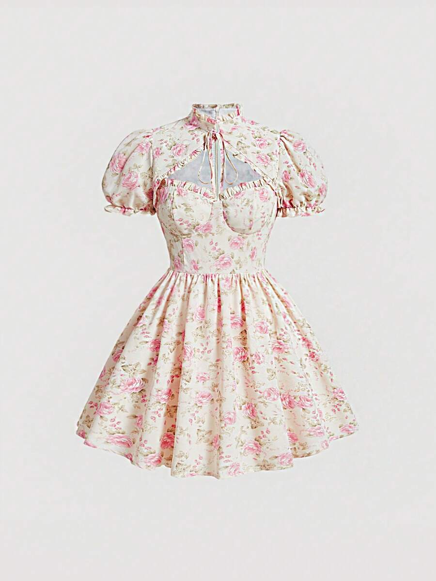 SHEIN MOD Floral Print Tie Neck Puff Sleeve Dress - Multicolor - View 1