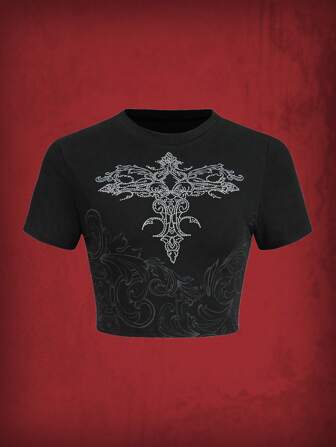 Grunge Punk تي شيرت قصير رسم حجر الراين