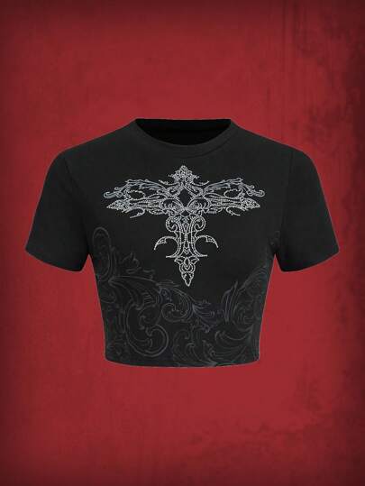 Grunge Punk تي شيرت قصير رسم حجر الراين