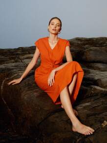 MOTF PREMIUM Đầm Nhẫn xoắn lại màu trơn Giải trí - trái cam - Xem 2