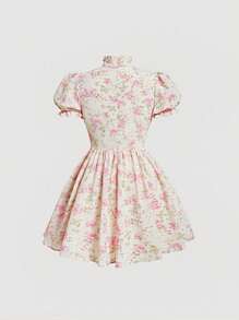 SHEIN MOD Floral Print Tie Neck Puff Sleeve Dress - Multicolor - View 2