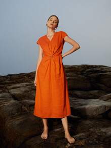 MOTF PREMIUM Đầm Nhẫn xoắn lại màu trơn Giải trí - trái cam - Xem 3