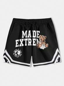 ROMWE MEN 男士熊和字母圖案腰部抽繩短褲 - 黑色 - 查看 1