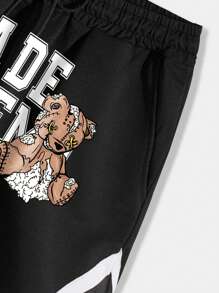 ROMWE MEN 男士熊和字母圖案腰部抽繩短褲 - 黑色 - 查看 4