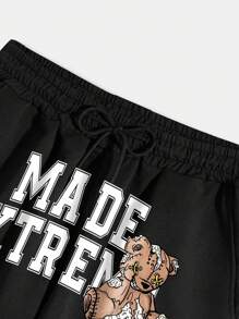 ROMWE MEN 男士熊和字母圖案腰部抽繩短褲 - 黑色 - 查看 5