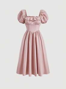 SHEIN MOD Ruffle Trim Puff Sleeve Dress - Baby Pink - View 1