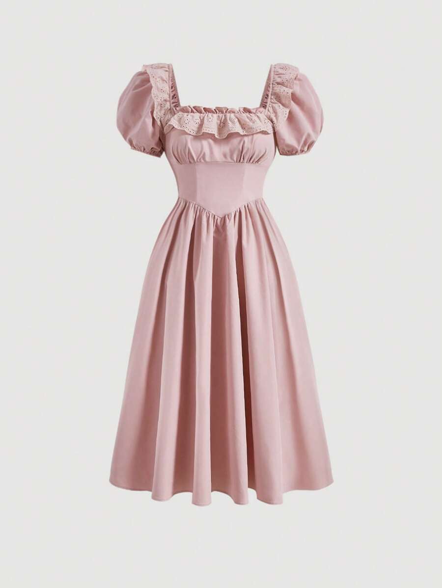 SHEIN MOD Ruffle Trim Puff Sleeve Dress - Baby Pink - View 1