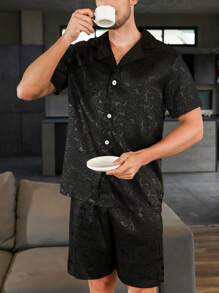 Men Floral Jacquard PJ Set / Pajama Set - Black - View 4