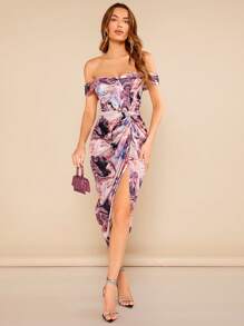 SHEIN BAE Vestido con estampado de mármol de hombros descubiertos fruncido de muslo con abertura - Multicolor - Ver 1