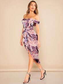SHEIN BAE Vestido con estampado de mármol de hombros descubiertos fruncido de muslo con abertura - Multicolor - Ver 2