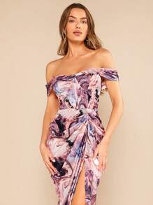 SHEIN BAE Vestido con estampado de mármol de hombros descubiertos fruncido de muslo con abertura - Multicolor - Ver 3