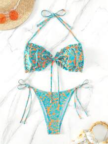 花卉印花荷葉邊露背領口夏季海灘比基尼套裝 - 彩色 - 查看 1